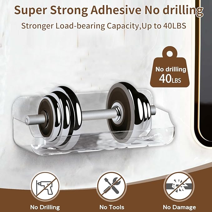 Acrylic Shower Shelves,Self Adhesive Bathroom Shelf No Drilling, Clear Shower Caddy with Adhesive Strips, Drain Holes, Wall Mounted Shower Organizer for Bathroom Storage, Large