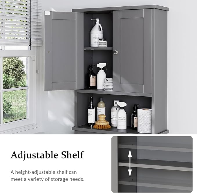 Over the Toilet Storage Cabinet, Bathroom Storage Cabinet Over Toilet with 2 Wood Doors, Freestanding Space Saver, Adjustable Shelf & Open Shelf, Grey