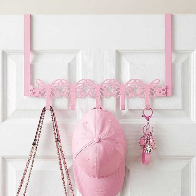 AceOrbit Pink Butterfly Over The Door Hooks Wall Mount Towel Hanger Cute Door Holder Rack with 5 Hooks Hanging Towel, Coat Keys, Bags, Hats, Clothes for Bedroom Bathroom Kitchen Dorm Room Organizer