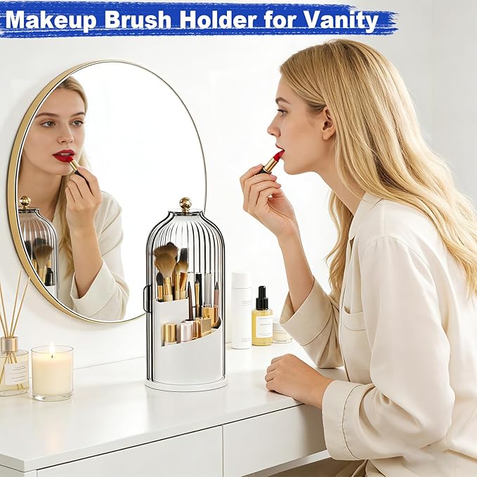 Dustproof Toothbrush Holders with Cover for Bathrooms, Rotating Covered Tooth Brush Holder for Bathroom Counter, Dust Proof Plastic Makeup Brush Holder Organizer with Sliding Lid for Vanity,Grey White