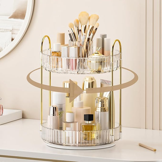 360° Rotating Makeup Organizer, Upgraded 2 Tier Skincare Perfume Organizers for Women, Bathroom Organizer Countertop, Clear Cosmetic Dresser Organizer with Makeup Brush Holder, Sink&Counte (Clear)