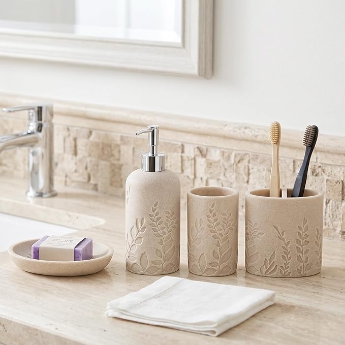 Bathroom Accessories Set, 4 PCS Bathroom Accessory Sets with Soap Dispenser 13 OZ, Toothbrush Holder, Tumbler, Soap Dish, Bathroom Countertop Organizer, Sea Bathroom Decor (Leaf Beach)