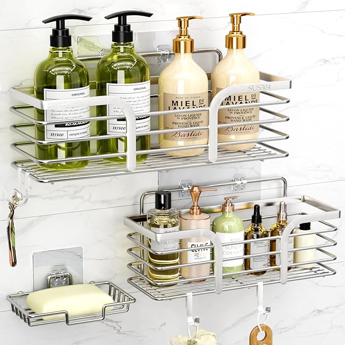 Yougai Shower Caddy, Shower Organizer with Soap Holder and Hooks, Rustproof Shower Shelves, No Drilling Bathroom Organizers and Storage, Wall-Mounted Kitchen & Home Decor (Silver)