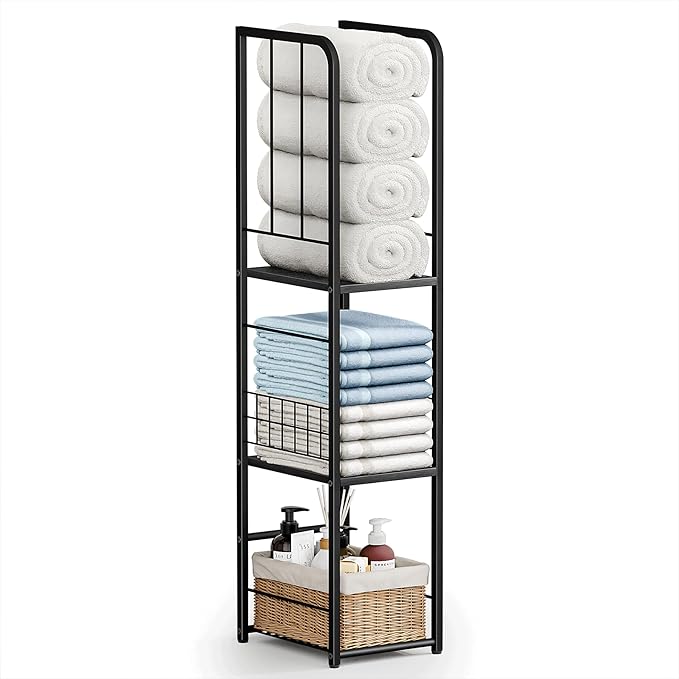 KIMBORA Narrow Towel Storage for Bathroom, 3-Tier Free Standing Bathroom Towel Organizer with Shelf for Small Bath, Pool, Black