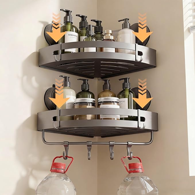 Suction Cup Shower Caddy(2-Pack Gray),Single 1.77 Inches High No-Drilling Aluminum Bathroom Organizer with Towel Bar & Hooks,Moder wall Shower Shelf and Storage Decor
