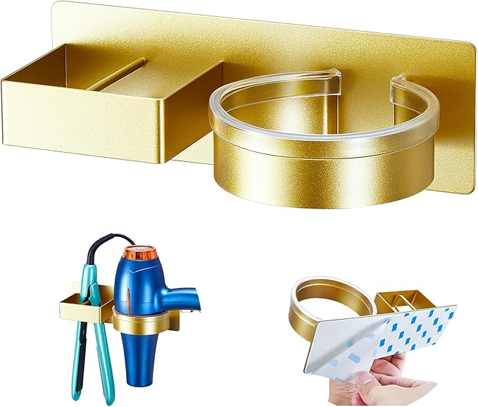 Hair Dryer Holder Wall Mounted, Hair Straightener Holder, Blow Dryer Holder Adhesive, Hair Tool Organizer for Flat Iron, Hairdryer, Curling Iron Holder for Bathroom Vanity Barber Shop (Gold)