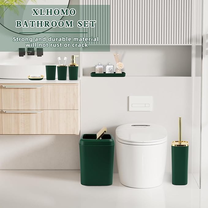 XLHOMO Bathroom Accessories Set, Green Bathroom Set, Dark Green Bathroom Accessory Set with Trash Can, Soap Dispenser, Soap Dish, Toothbrush Holder and Q-tip Holders
