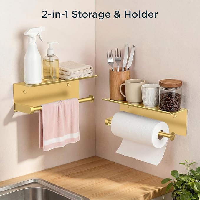 FORIOUS Paper Towel Holder with Shelf, SUS304 Stainless Steel Paper Towel Holder with Storage Shelf, Wall Mount Screw Paper Roll Organizer Commercial Paper Hand Towel Dispensers, Brushed Gold