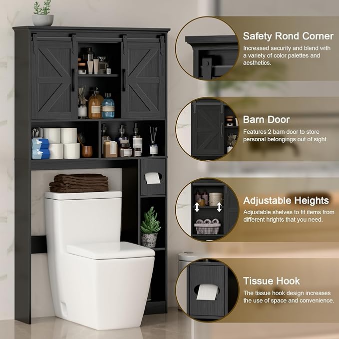 Halitaa Over The Toilet Storage Cabinet,Farmhouse Space-Saving Toilet Rack with 2 Sliding Barn Doors,Bathroom Organizer with Toilet Paper Holder Stand & Storage Shelves,for Laundry, Bathroom,Restroom