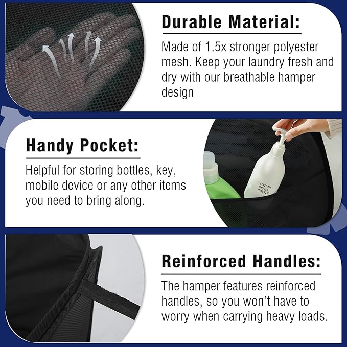 TECHMILLY Collapsible Mesh Pop Up Laundry Hamper with Strong Handles, Large Opening Clothes Hamper with Side Pockets, Storage Baskets for Dorm, Laundry Room, Bathroom or Travel (Black, 90L, 2Pack)