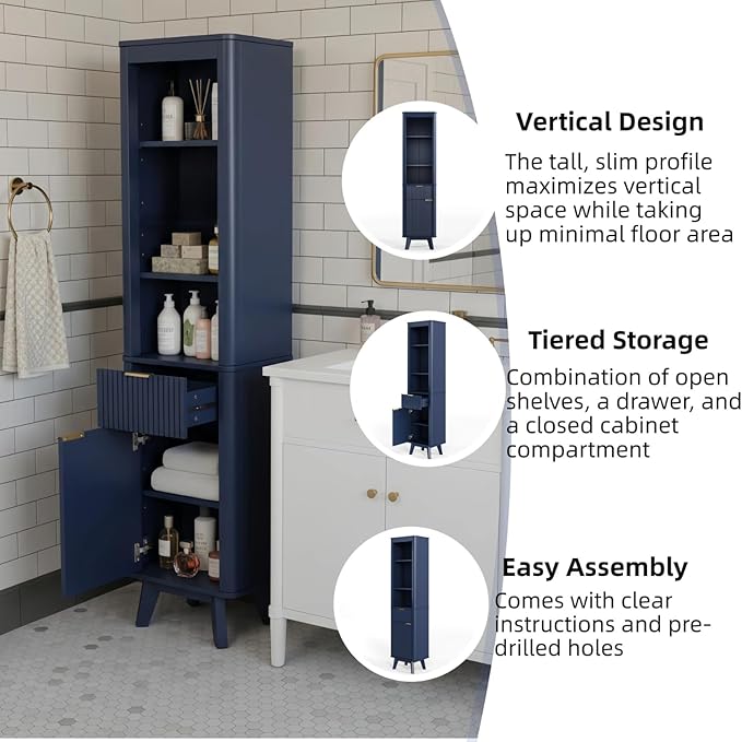 XIAO WEI 68" Tall Bathroom Storage Cabinet, Narrow Bathroom Storage Cabinets with 3 Adjustable Shelves, Slim Wooden Storage Cabinet with 1 Drawer & Door for Bathroom, Blue