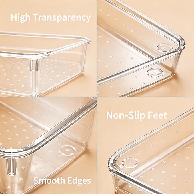 8 Pack Clear Drawer Organizer Bins, Plastic Storage Trays for Makeup, Kitchen, Bathroom, Desk, Stackable Drawer Dividers for Cosmetics, Office Supplies, Vanity Organizer