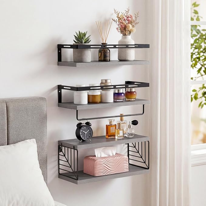 Fixwal Wall Mounted Bathroom Shelves Over Toilet, Rustic Wood Floating Shelves with Metal Frame and Towel Bar for Bathroom, Kitchen, Bedroom, Living Room (3 Plus 1 Gray)