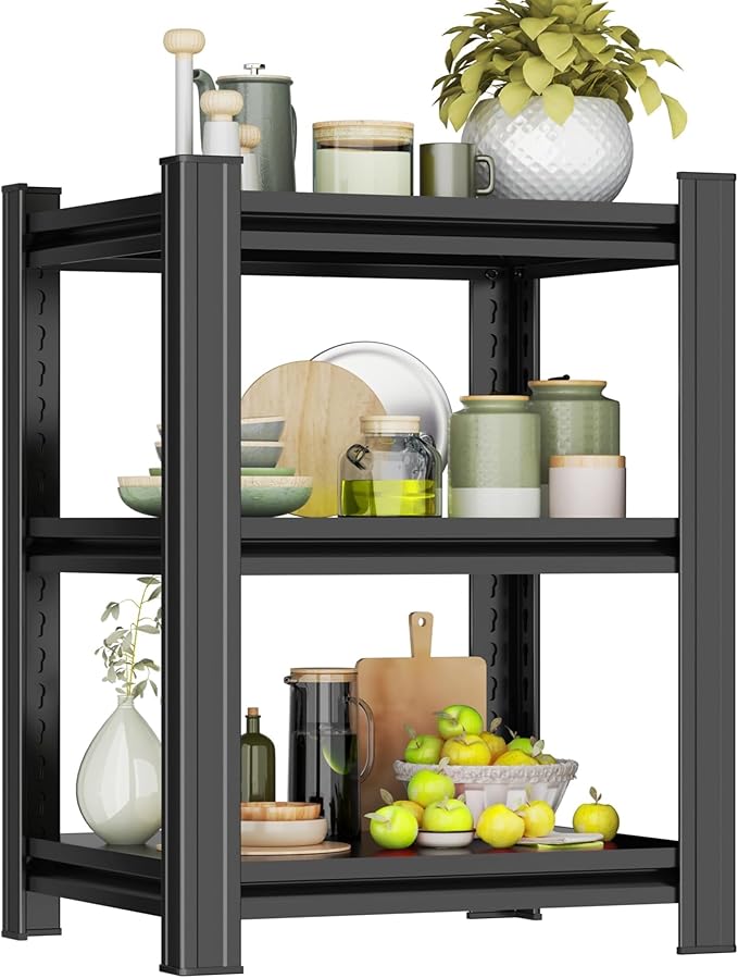 3-Tier Kitchen Shelf Organizer, Metal Adjustable Storage Rack, Space Saving Organizer Shelf for Pots, Pans, Bottles & Pantry Goods, Space-Saving, Black,（31.5''Hx15.7''Wx11.8''D）