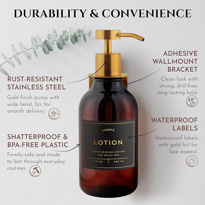 Shower Shampoo Dispenser Wall Mounted – Refillable 16.9 oz Amber Bottle with Stainless Steel Pump & No-Drill Adhesive Holder – Soap Dispenser for Bathroom (1 X Amber/Gold)