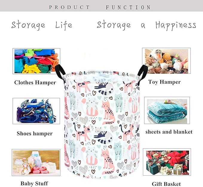 Kids Laundry Hamper Clothes Gift Basket Storage Laundry Baskets Organizer Bin with Handles for Nursery Room (Cat)