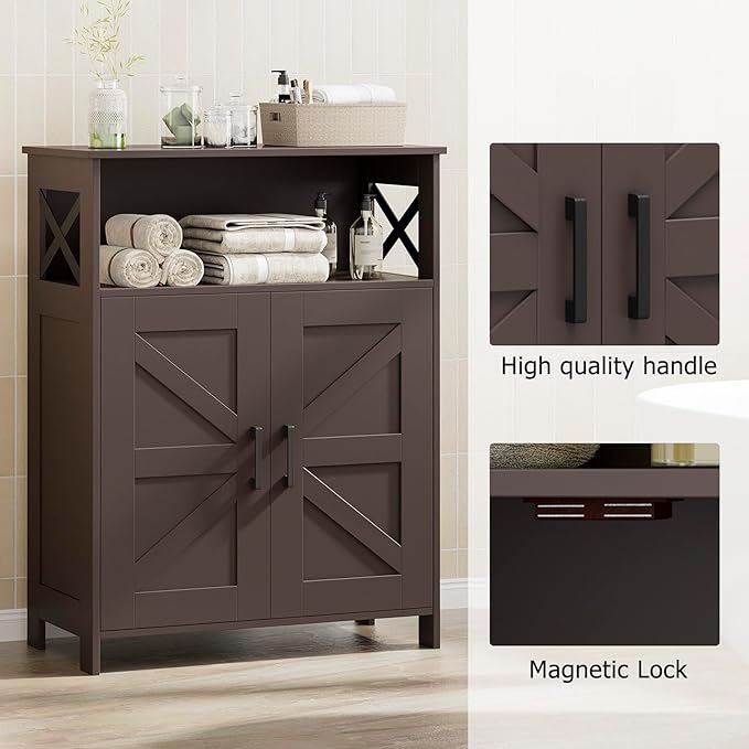 Homhedy Farmhouse Bathroom Storage Cabinet with 2 Doors, Toilet Paper Cabinet with Adjustable Shelves, Small Bathroom Cabinet for Kitchen/Laundry/Living Room, 11.8 x 23.6 x 31.5 Inches, Brown