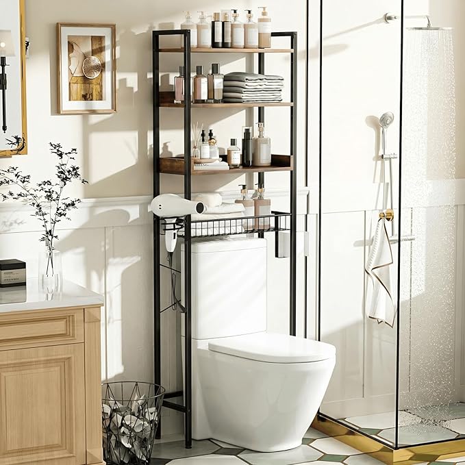 VINGLI Over The Toilet Storage, 4 Tier Industrial Bathroom Organizer Over Toilet with Wire Basket, Adjustable Freestanding Bathroom Space Saver Shelf with Paper & Hair Dryer Holder, Rustic Brown