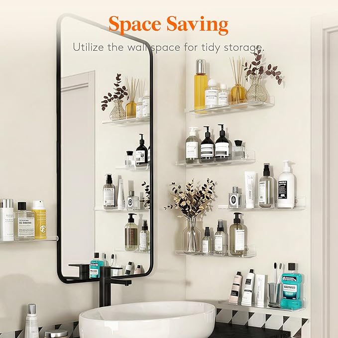 Lifewit Floating Shelves for Bathroom, Acrylic Wall Organizer for Perfume, Makeup, Figures, Nail Polish, Photo, Book, 14" Decor Display Rack for Nursery, Living Room, Bedroom, Kitchen, Clear, 8 Pack
