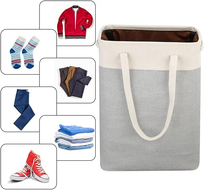 Laundry Basket with Handles Beige&Silver Slim Laundry Bin Collapsible Dirty Clothes Basket Narrow Laundry Bag Foldable Dirty Hamper for Camping, Dorms, Apartments