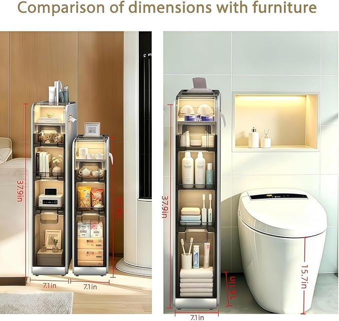 BGYMF Ultra Thin 4-Tier Slim Bathroom Cabinet, Slim Cabinet for Bathroom, Narrow Rolling Cart with Wheels, White Plastic for Small Space, Kitchen, Laundry, Living Room, Corner