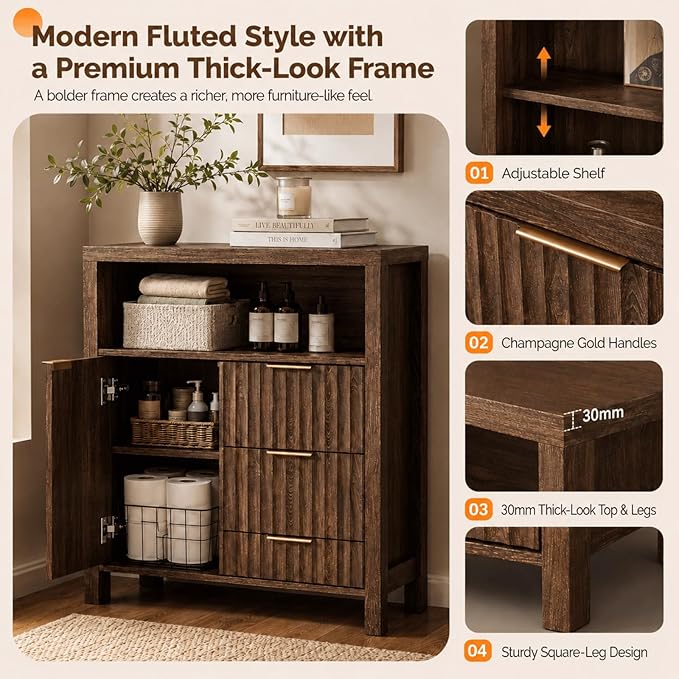 VINGLI Bathroom Floor Storage Cabinet with 3 Drawers, Modern 32" Freestanding Short Storage Organizer with Fluted Door & Adjustable Shelf, 12 Inch Deep Walnut Wooden Console for Small Space
