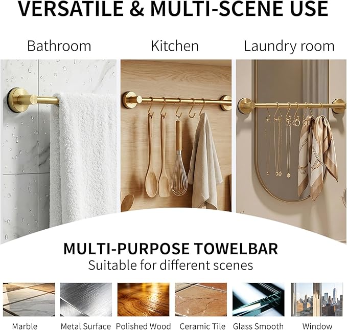 Stainless Steel Suction Cup Towel Bar, Adjustable Towel Racks for Bathroom (14.6-24 Inch) - Bathroom Towel Holder Wall Mounted for Glass Shower Door & Wall (Brushed Gold)