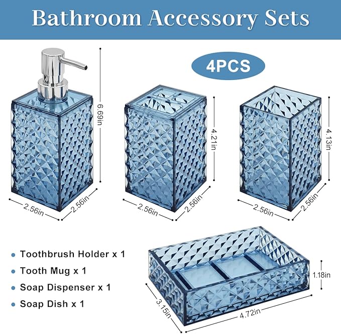 Bathroom Accessories Set, 4 Pcs Bathroom Decor Bathroom Sets Accessories, Diamond Soap Dispenser, Bathroom Tumbler, Soap Dish and Toothbrush Holder Set, Boho Bathroom Decor Blue