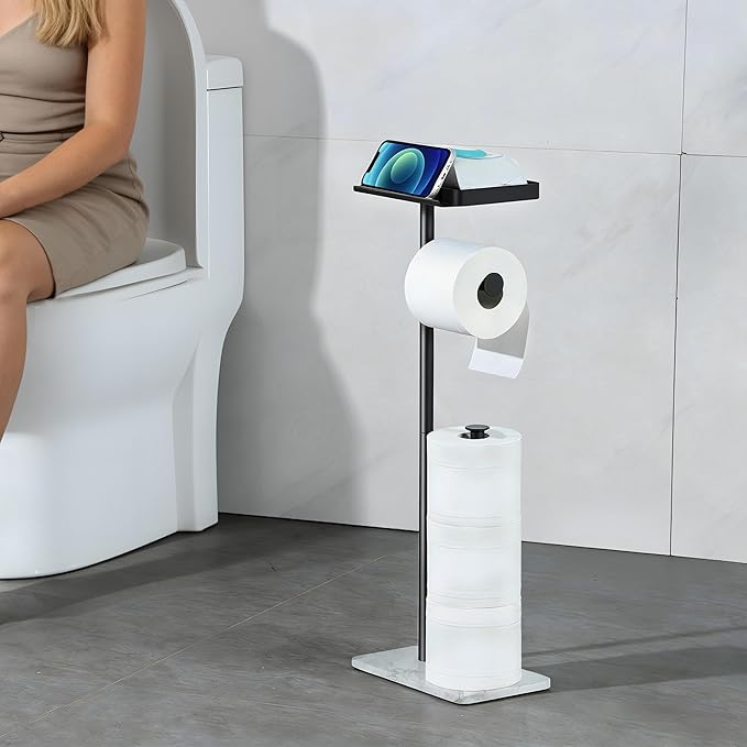 Toilet Paper Holder with Phone Stand - Extra Heavy Duty Marble Base Toilet Paper Holder Free Standing Built in Wet Wipe Holder