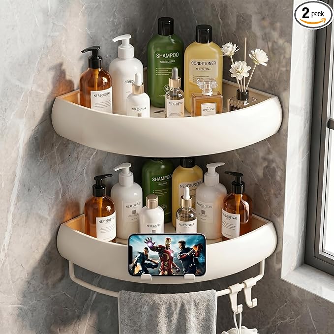 Shower Caddy Hanging, 2 Pack Never Rust Shower Organizer Hanging, Aluminum Shower Racks for Inside Shower with Hooks for Razor, Bathroom Organizers and Storage with Soap Holder, White