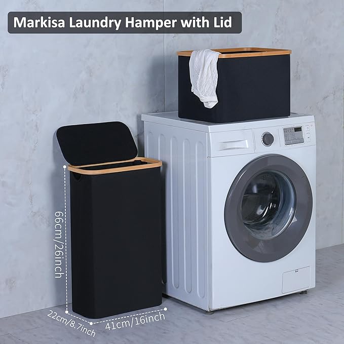 60L Slim Laundry Hamper,Laundry Basket with Lid,Tall Hamper for Laundry,Dirty Cloth Hamper with Bamboo Handle for Toys,Towels, Clothes Organizing,Black