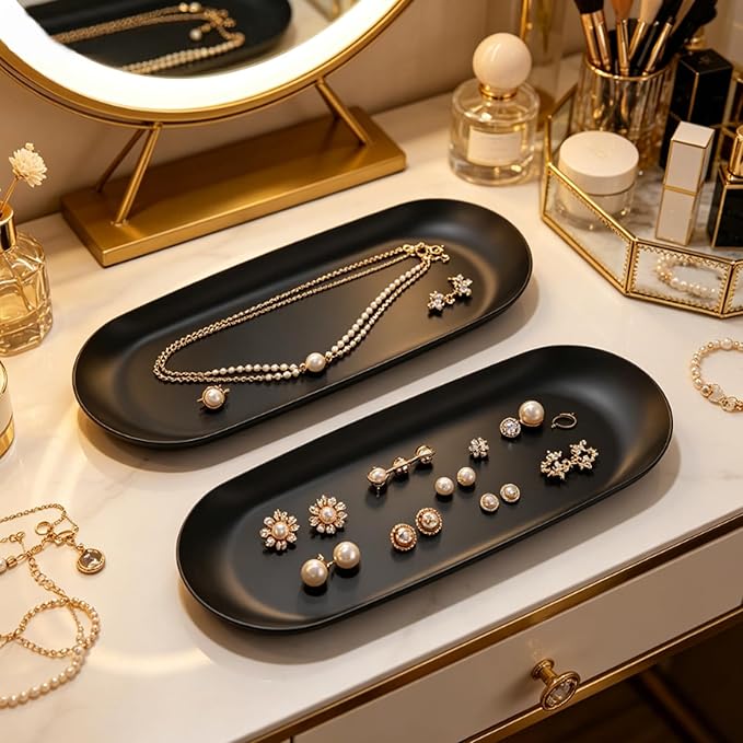 2 Pack Stainless Steel Decorative Tray, 12 Inch Oval Vanity Tray for Jewelry, Small Storage Plate for Cosmetics Organizer Bathroom Key Candle (Black)