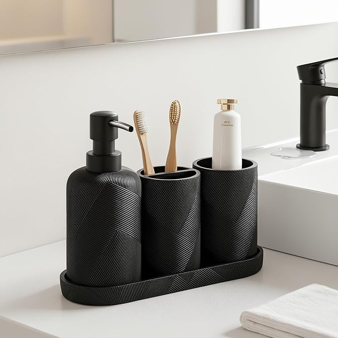 Bathroom Accessories Set, Bathroom Organizer Countertop, Soap Dispenser and Toothbrush Holder, Mouthwash Cup, Tray Set, Vanity Tray for Bathroom, 4 Pieces Modern Decor (Matte Black)