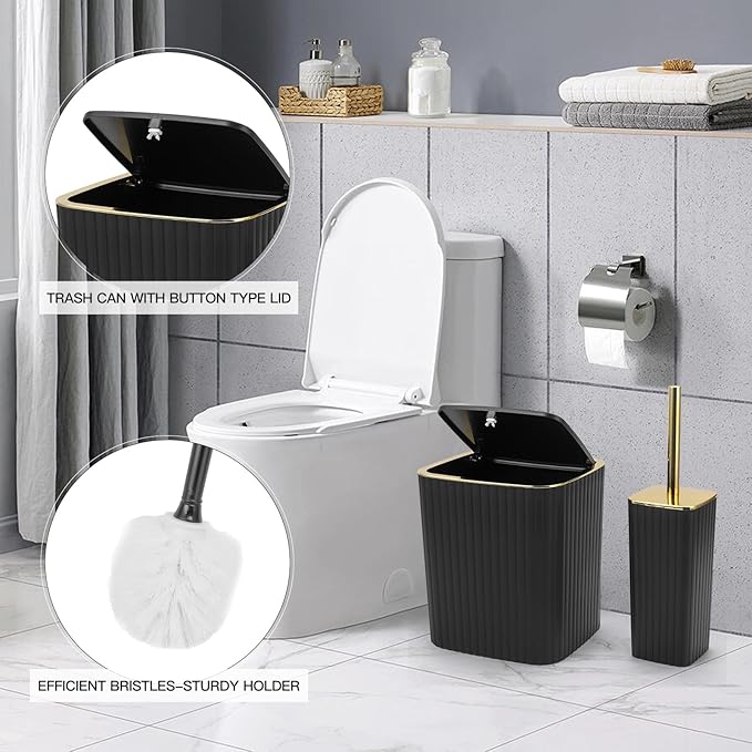 Bathroom Accessories Set-6PC Black Bathroom Set with Toilet Brush, Trash Can, Soap Dispensers and Toothbrush Holder, Soap Dish, Cup, Black and Gold Bathroom Decor for Modern Homes