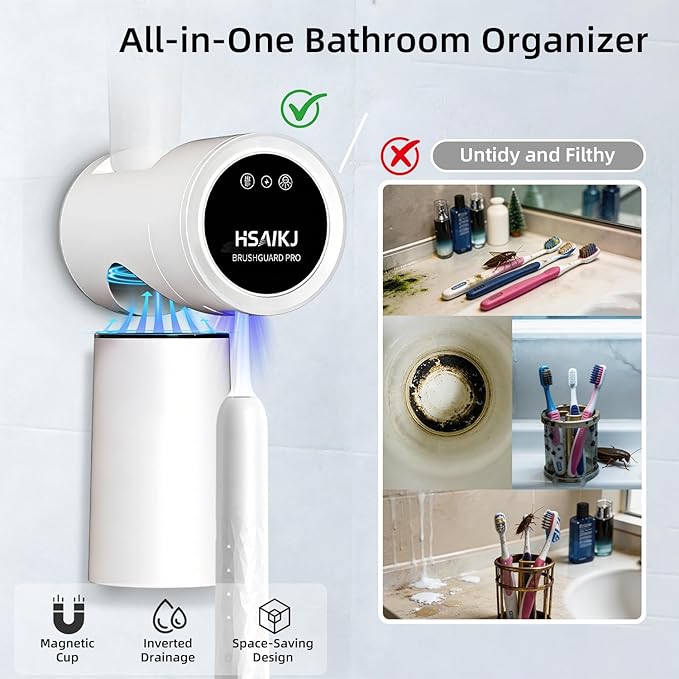 Wall Mounted Toothbrush Holder, 3-in-1 Electric Toothbrush Organizer for Personal Use, Smart Sensor Lid, Fast Air Drying, Compact with Magnetic Cup (White)