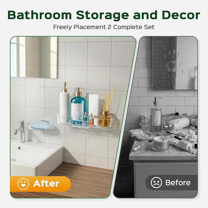 HAMITOR Adhesive Shower Caddy for bathroom：2 Pack Clear Bath Shelves No Drilling for Modern Renters & Home Decor - Rustproof Acrylic Shower Organizer for Bathroom Storage