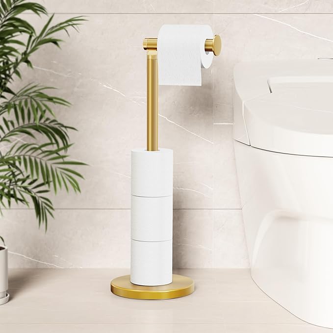 Cesun Extra Weighted Base Toilet Paper Holder Stand - SUS304 Rust Proof Free Standing Tissue Roll Holder for 4 Rolls, No Tipping, No Slipping, Gold