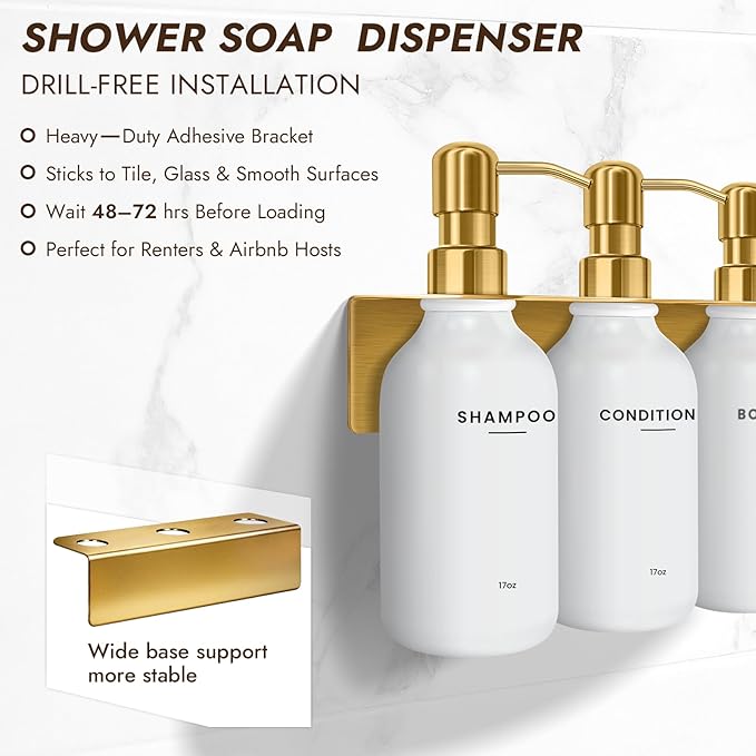 KOUCHU Shampoo and Conditioner Dispenser Set - Wall Mounted Shower Soap Dispenser - 17oz No-Drill Refillable Plastic Pump Bottles for Bathroom Kitchen - Includes Soap Dish and Hook (Gold)