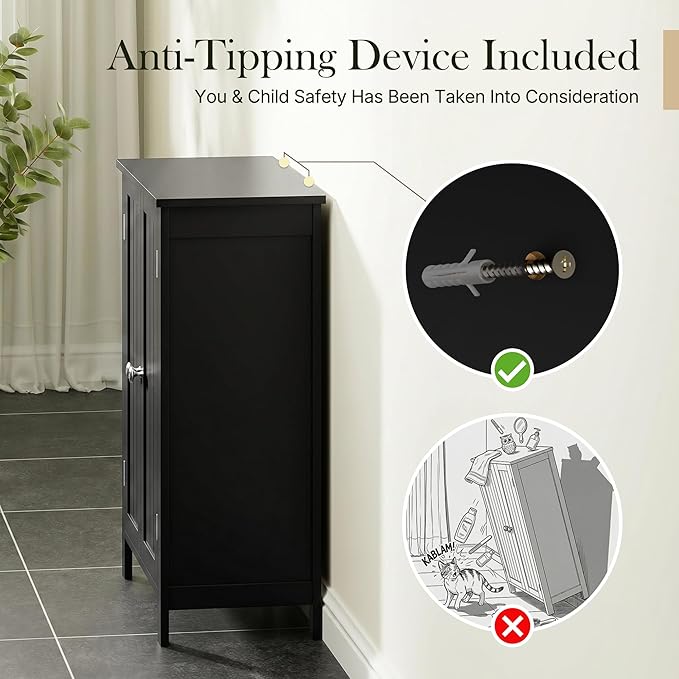 SUPER DEAL Modern Bathroom Floor Storage Cabinet with Adjustable Shelf and Double Door Rust Proof, Living Room Modern Home Furniture Storage Organizer Cabinet, Black