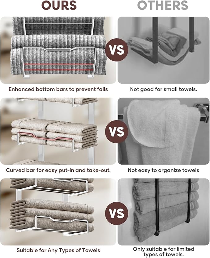 Aetyord Hanging Towel Racks for Bathroom No Drill - Over The Door 6-Tier Bath Towel Storage Organizer for Small Bathrooms-Back Door Large Tiered Towel Holder Hanger for Rolled Towels RV Camper Silver