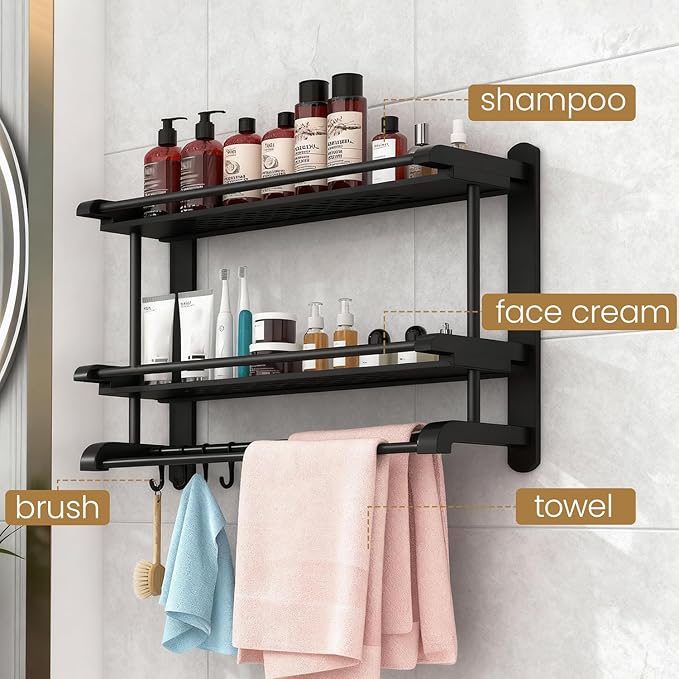 Stainless Steel Shower Organizer with Towel Bar - Rustproof Bathroom Shelf with Ventilated Design, Wall Mounted 2-Tier Storage Rack for Bath Products & Hanging Towels (Black)