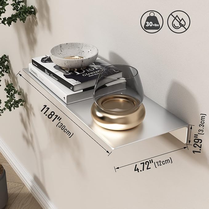 Danpoo 12 inch Metal Wall Shelf Small Floating Shelf for Wall Organizer & Storage, Display Shelf for Bathroom, Living Room, Kitchen, Bedroom(Silver)