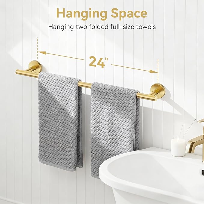 Brushed Gold Towel Bar, 24 Inch Towel Rack for Bathroom Wall-Mounted, SUS304 Stainless Steel, Total Length 26 Inch
