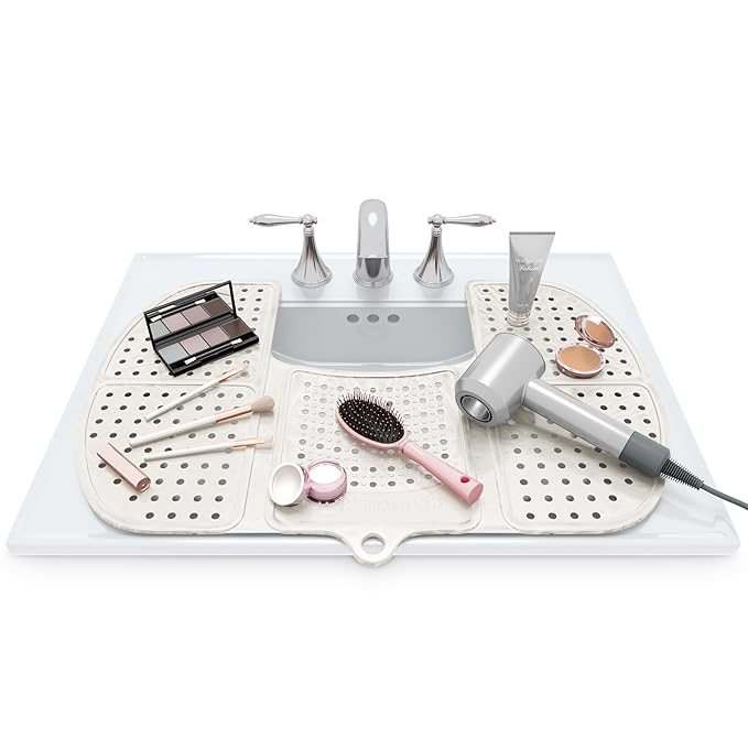 Sink Topper Bathroom Counter Cover & Storage Saver, Foldable Silicone Mat for Hot Tools, Hair Styling & Makeup, Beauty Brush Cleaning Mat, RV Camper Sink Cover & for Small Spaces (Large Pearl)