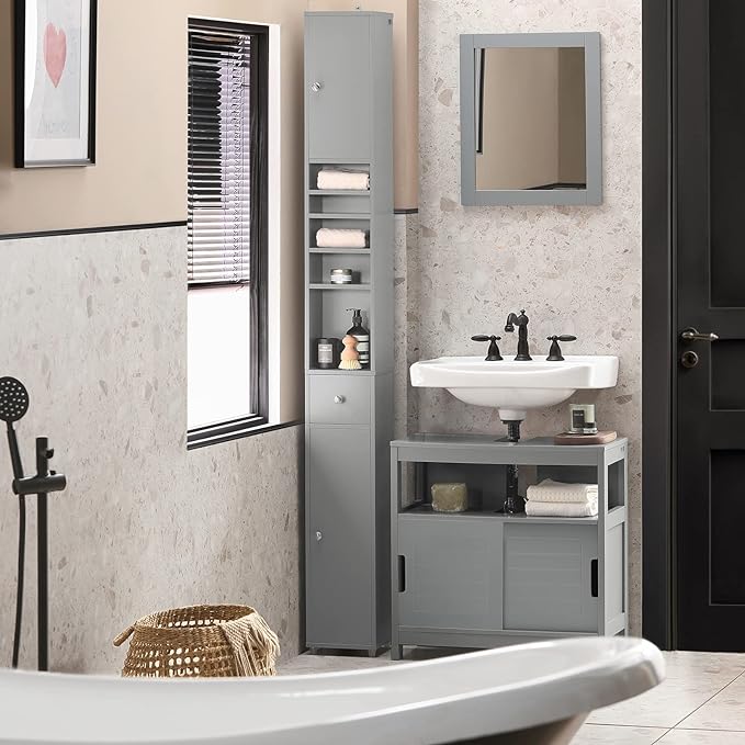 SoBuy Bathroom Narrow Storage Cabinet Skinny Tall Unit with Adjustable Shelves Slender Anti-Tipping Floor Standing Cupboard, Gray BZR34-HG