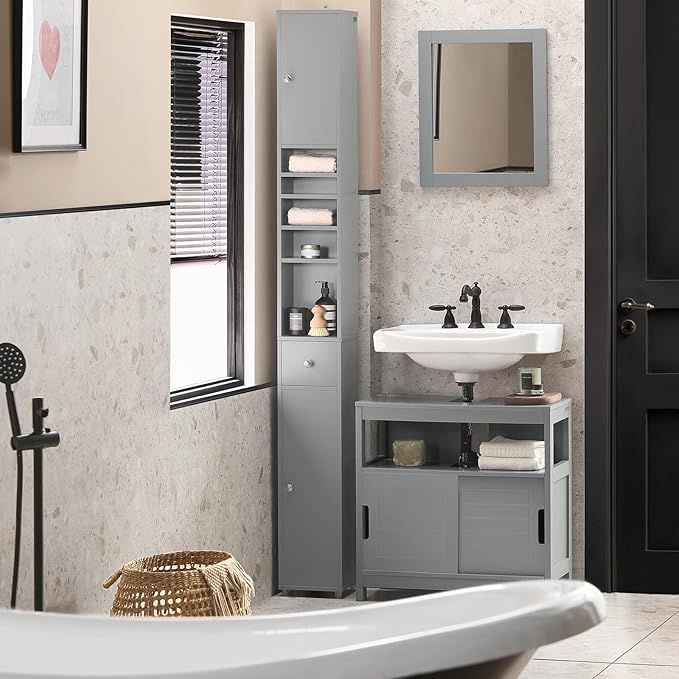Haotian Bathroom Narrow Storage Cabinet Skinny Tall Unit with Adjustable Shelves Slender Anti-Tipping Floor Standing Cupboard, Gray BZR34-HG