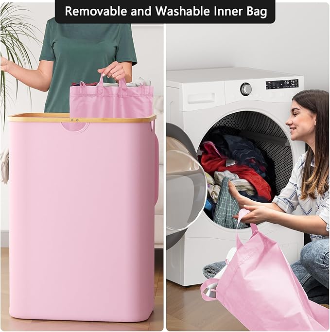 SpaceAid Double Laundry Hamper 2 Section with Lid and Removable Laundry Bags, 160L Clothes Basket with Bamboo Handles, Large Collapsible Hamper for Bedroom, Bathroom, Dorm, Laundry Room - Pink