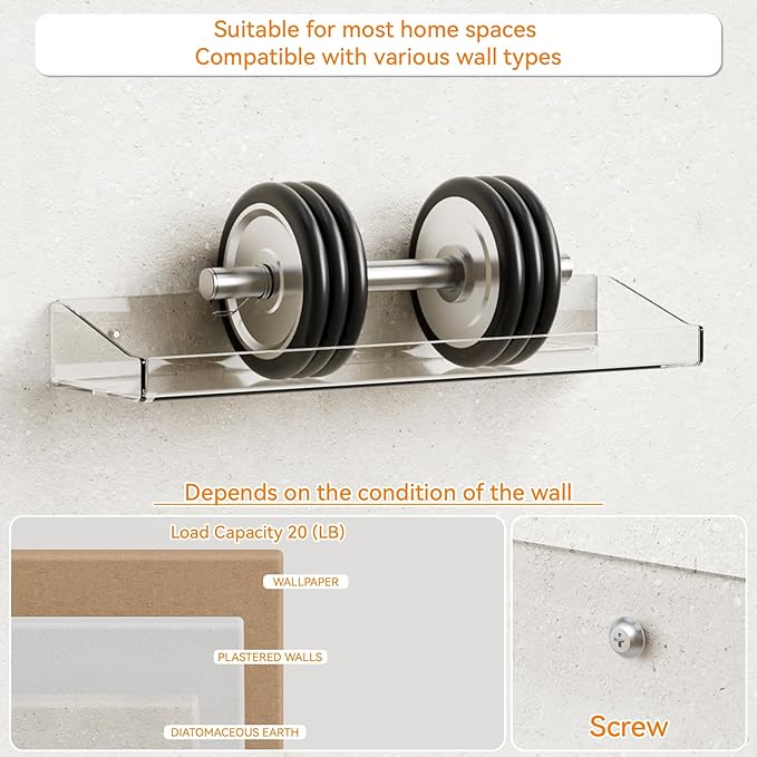 Yieach Clear Acrylic Shelves for Wall with Adhesive,2 Pack 15" No Drilling Floating Shelves for Bedroom,Vanity and Bathroom Wall Organizer,Hanging Display Shelf for Funko Pops,Lego,Perfume Shelf