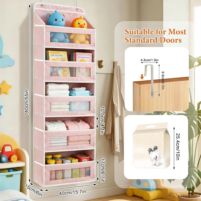 SWIND Over the Door Organizer 5-Tier, Heavy Duty Behind Door Storage, Anti-Tilt Capacity, Door Hanging Organizer with Clear Window for Closet, Bathroom, Nursery, Bedroom, Pantry, Shoe Diaper (Pink)