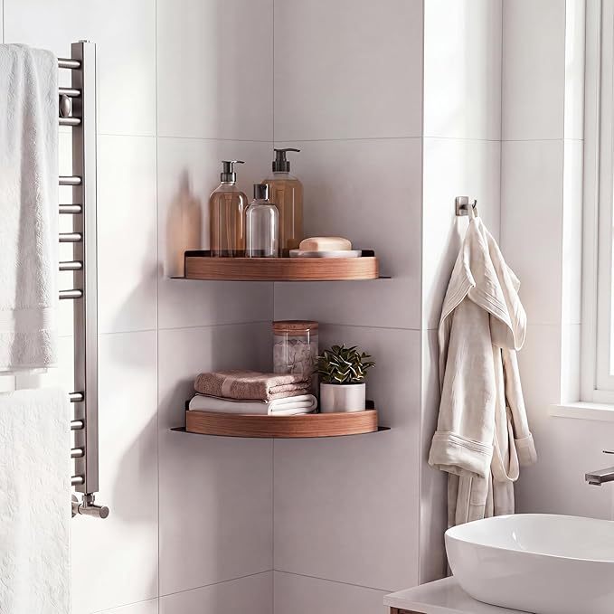 Novabright 2 Pcs Corner Shower Shelf Walnut Wood Metal Corner Shower Caddy No Drill Adhesive Rustproof Triangular Bathroom Shelf Organizer for Home Bathroom